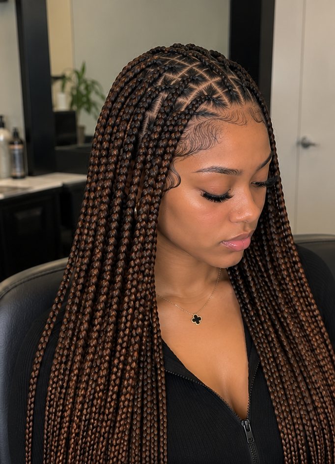 Client with long auburn box braids
