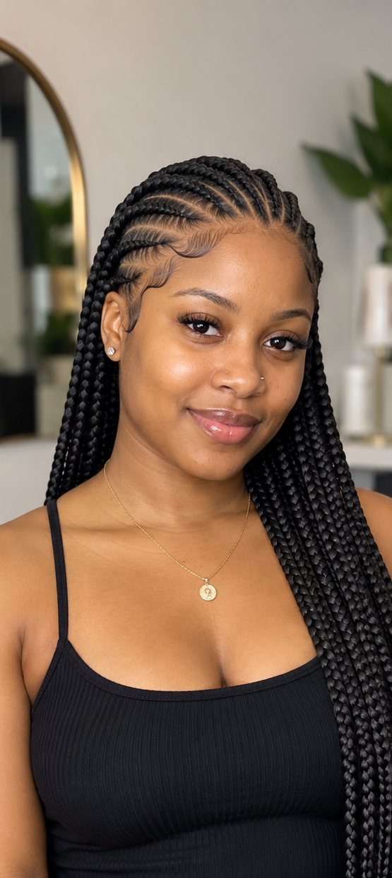 Client smiling with jet black stitch braids