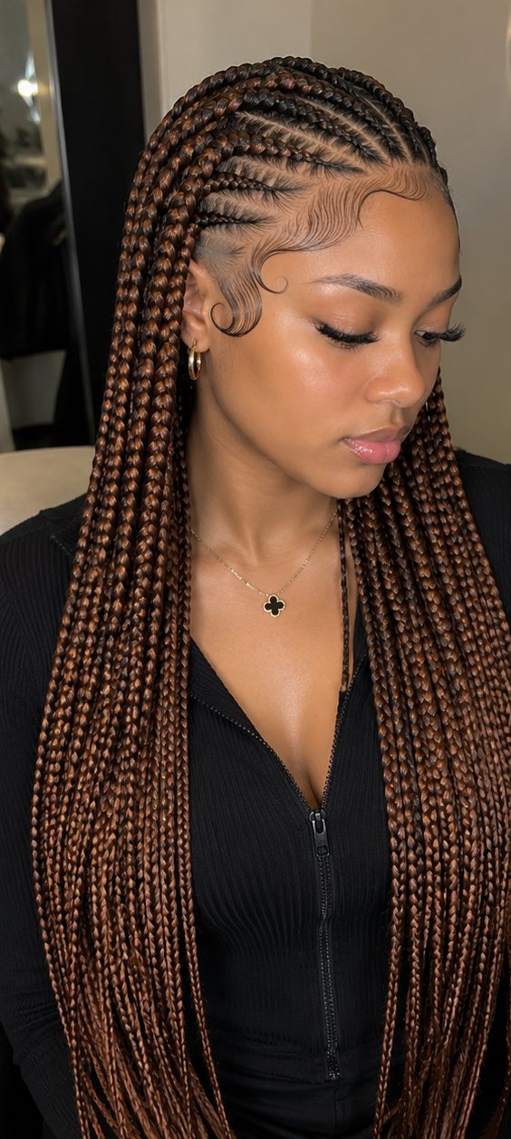 Client with long copper tribal braids and sculpted edges