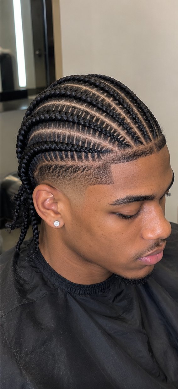 Men's stitch cornrows with a clean fade